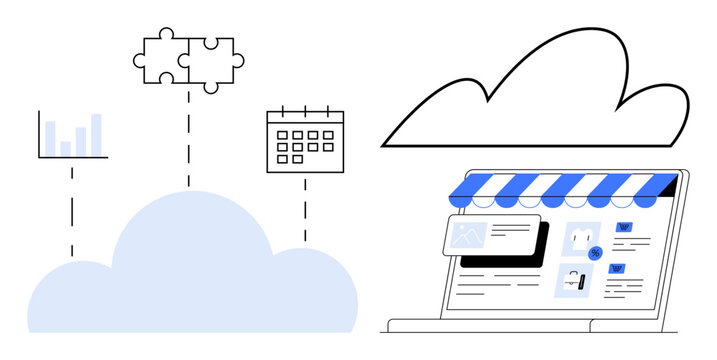 Cloud platform connecting analytics, calendar, puzzle elements, and store interface. Ideal for data management, online business, integration, organization, marketing retail efficient workflows