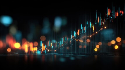 Dark futuristic financial data analysis with vibrant glowing elements along an upward trend line during late night hours