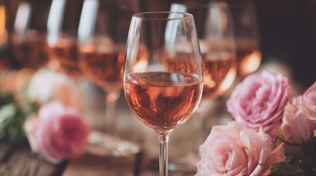 Glasses of rose wine presented during a cheerful party filled with laughter and conversation among friends in a cozy setting
