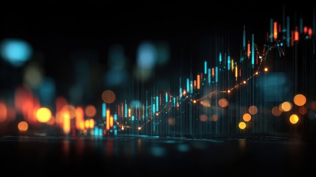 Dark futuristic financial data analysis with vibrant glowing elements along an upward trend line during late night hours