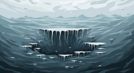 얼음 동굴 깊숙이, 차가운 푸른색 그림자가 신비롭게 펼쳐지는 풍경