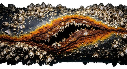 징그러운 갑각류 덮인 물체, 날카로운 이빨 드러내며 기괴한 분위기 자아낸다