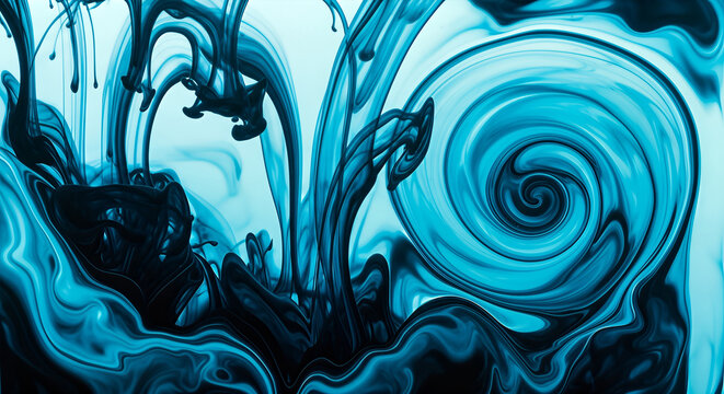 Hypnotic Dance of Dark Ink Plumes and a Luminous Turquoise Vortex in Fluid Art