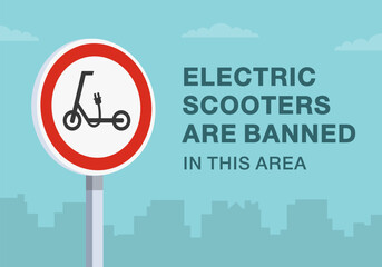 Safe driving tips and traffic regulation rules. Close-up of european "no electric scooters" sign meaning. Electric scooters are banned in this area. Flat vector illustration template.
