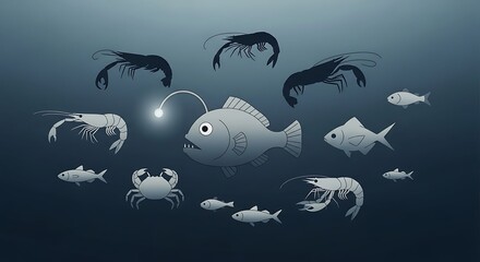 심해 생물들이 신비롭게 떠다니는 일러스트, 차분한 푸른색 배경과 귀여운 디자인