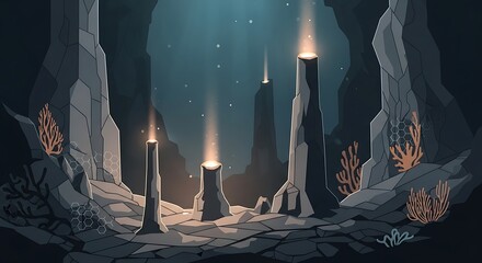 신비로운 동굴, 푸른 빛이 감도는 석조 기둥들이 웅장하게 빛을 발하다