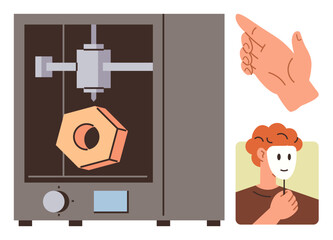 3D printer creating geometric shape, hand in gesturing pose, person holding a mask over their face. Ideal for innovation, creativity, identity, technology, craftsmanship expression education. A