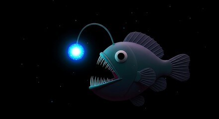 어두운 심해에서 빛나는 아귀, 신비로운 푸른 조명이 시선을 사로잡네