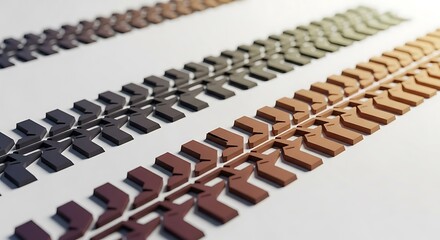 다채로운 색상의 타이어 트레드 패턴이 깔끔하게 배열된 클로즈업 사진