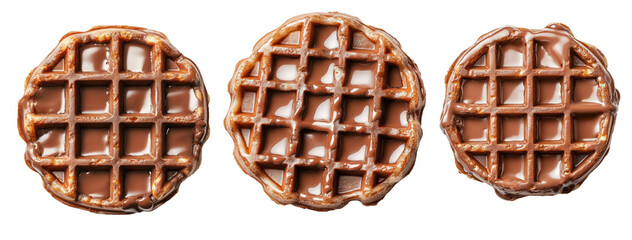 Tasty golden waffle drenched in glossy melted chocolate syrup, isolated on white transparent background, dessert concept