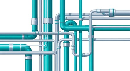 파이프라인의 복잡한 연결 밝게 빛나는 푸른색과 은색 선형 추상 디자인