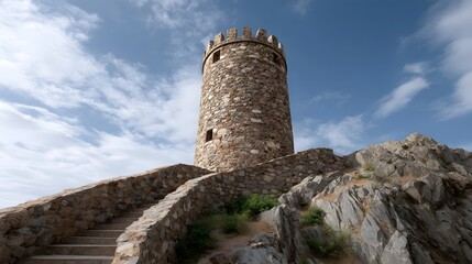 A majestic stone tower stands tall on a rocky hill under a clear blue sky with white clouds