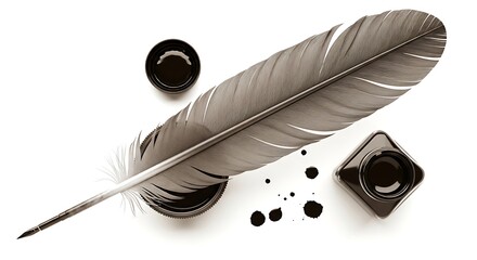 깃털 펜과 잉크가 흰색 배경에서 우아하게 빛나며 펼쳐져 있습니다