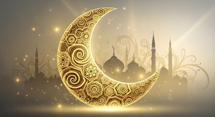 Golden Crescent Moon Over Mosque Silhouette