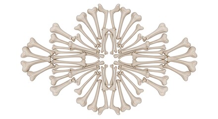 밝은 배경 위에 뼈들의 정교한 배열, 독특하고 예술적인 대칭 패턴 형성