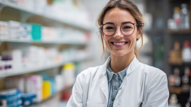 Smiling female pharmacist standing confidently in a well-stocked pharmacy while providing friendly customer service and expert advice on medications