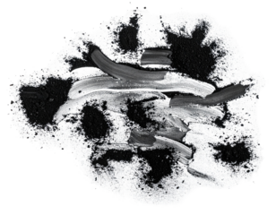 Black soot dust texture scattered isolated on white background, burnt residue ash