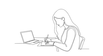 Continuous single line drawing of a woman writing and working on her laptop - elegant minimal illustration 4