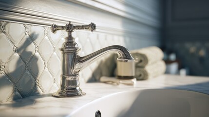Vintage faucet adds elegance to a modern white shiny lavatory in a stylish bathroom setting, showcasing timeless design and functionality