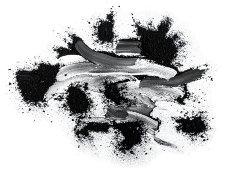 Black soot dust texture scattered isolated on white background, burnt residue ash - Powered by Adobe