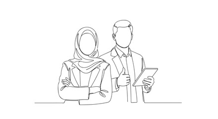 One continuous single line drawing of a business professional woman and man posing together, ideal for professional services