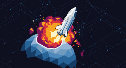 A stylized rocket launches from a geometric planet with a dynamic explosion, symbolizing startup success, technological innovation, and digital connectivity.