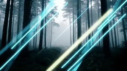 Illuminated forest path with light beams, foggy background, suitable for fantasy concepts - Powered by Adobe