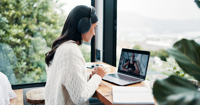 Headphones, laptop screen and video call with woman at window in home for remote work communication. Computer, view and virtual meeting with freelance employee in apartment for small business contact