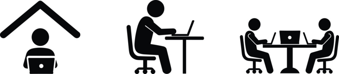 Remote work silhouette, home office vector, individual desk study, collaborative teamwork illustration, laptop workspace icon, digital job, modern workplace, education
