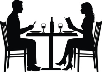 Restaurant dining silhouettes, couple at table, romantic dinner vector, wine glasses illustration, menu choice, date night concept, elegant meal, lifestyle