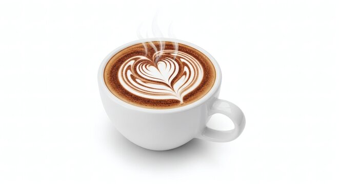 Steaming hot coffee with beautiful heart-shaped latte art in a pristine white ceramic cup, evoking warmth and comfort, presented on a clean white background - Powered by Adobe