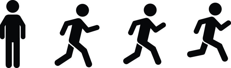 Running motion silhouettes, human figure sequence, standing to running, athlete training, sports icon, fitness, exercise, sprint, jogging, dynamic movement