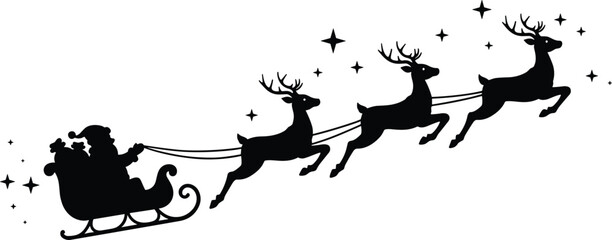 Santa Claus silhouette, flying sleigh vector, reindeer illustration, Christmas holiday design, festive night sky, gift delivery, magical stars, seasonal celebration, winter tradition