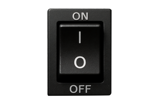 Modern black ON/OFF switch with clean white universal power symbols (I/O), set against a white background for dramatic contrast and copy space