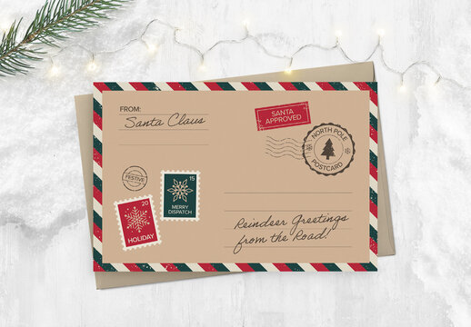 Christmas Postcard Template with Vintage Travel Style for Greetings Cards & Christmas Wish Lists