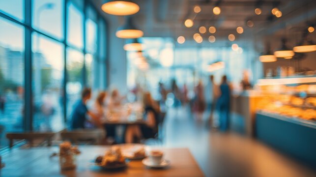 Modern cafe interior featuring bustling atmosphere and warm lighting, inviting patrons to enjoy coffee and pastries while socializing or working