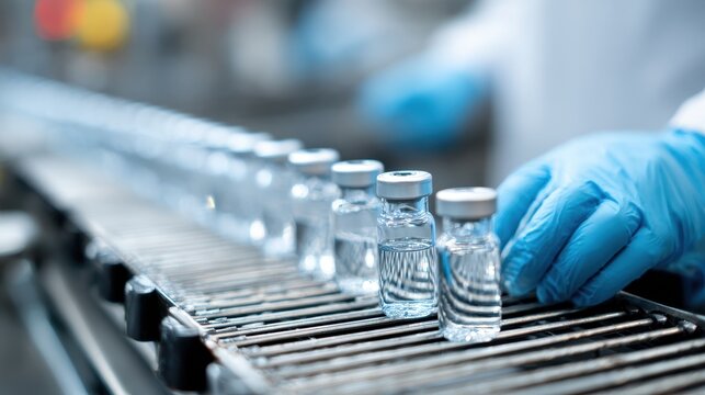 Vaccines being processed on a production line with a worker in gloves handling the vials in a clean facility - Powered by Adobe