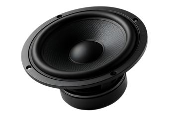 The concept of music, sound waves, and acoustic engineering, symbolized by a single, high-quality bass speaker element shown at an angle