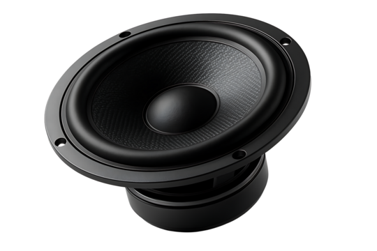 The concept of music, sound waves, and acoustic engineering, symbolized by a single, high-quality bass speaker element shown at an angle