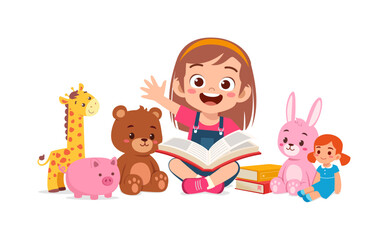 Fototapeta na wymiar Happy Little Girl Reading a Book Surrounded by Stuffed Animals Illustration Style