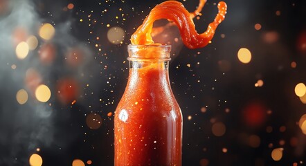 A bottle of tomato sauce magically levitating and spinning midair, with sauce flowing out in a beautiful spiral