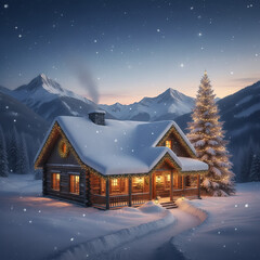 Fototapeta premium Christmas Log Cabin in a Snowy Mountain Wonderland