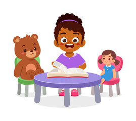 African Girl Reading Book with Friend and Teddy Bear at Table in Cartoon Illustration