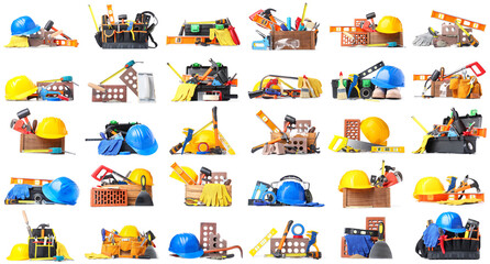 Set of many different construction tools on white background