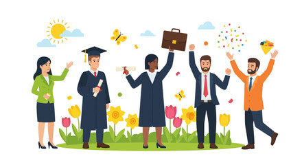 Dynamic diverse group joyfully celebrates academic and professional success, embracing a bright future filled with accomplishments and new opportunities © Avra