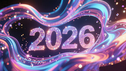 Shimmering 2026 numerals sparkle amidst vibrant, flowing abstract light trails
