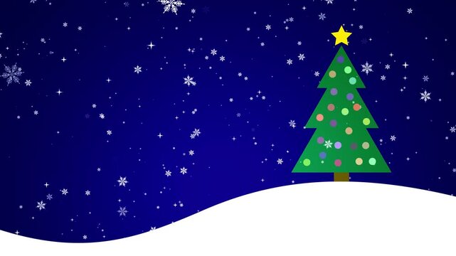 Simple cartoon style christmas tree illustration decorated with colorful balls and star on a dark blue background with falling snow, loopable festive xmas scene