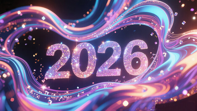 Shimmering 2026 numerals sparkle amidst vibrant, flowing abstract light trails