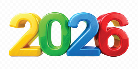 realistic 3d colorful three dimensional 2026 typography Isolated on a transparent background
