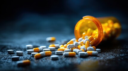 Prescription opioids spill from a bottle on a dark surface creating a visual contrast